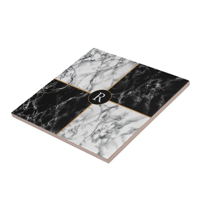 Faux Monogram Black White Check Marble Tile (Side)