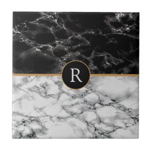 Faux Monogram Trendy Black White Marble Tile