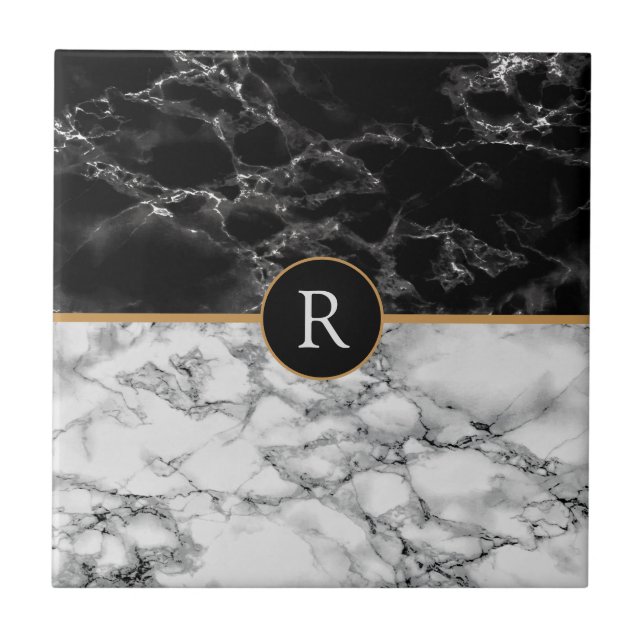 Faux Monogram Trendy Black White Marble Tile (Front)