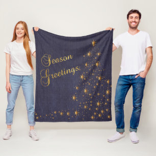 Faux Navy Blue Burlap and Gold Star Christmas Tree Fleece Blanket