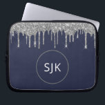 Faux Navy Blue Silver Dripping Glitter Monogram Laptop Sleeve<br><div class="desc">Silver and Navy Blue Faux Dripping Glitter and Sparkle Elegant Monogrammed Initials Case. This case can be customized to include your initial and first name.</div>