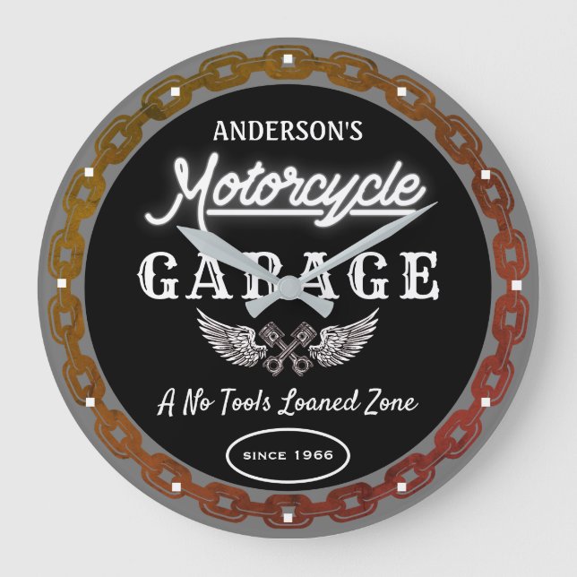 Faux Neon Garage Name Since Date Chain Black   Large Clock (Front)