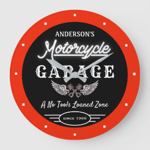 Faux Neon Garage Name Since Date Orange Black Large Clock