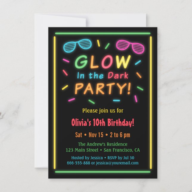 Faux Neon Glow Birthday Party Invitations (Front)