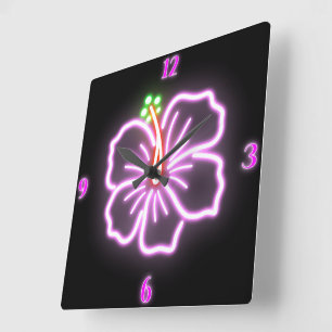 Faux Neon Hibiscus Wall Clock