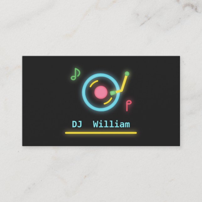 Faux Neon Lights DJ Turntable Business Card (Front)