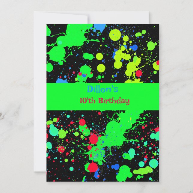 Faux Neon Paint Ball Splatter, Birthday Party Invitation (Front)