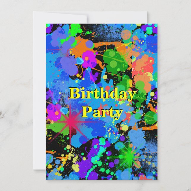 Faux Neon, Paint Splatter, Birthday Invitation (Front)