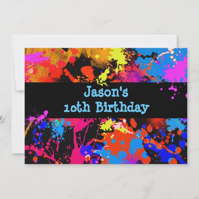 Faux Neon, Paint Splatter, Paintball, Invitation (Front)