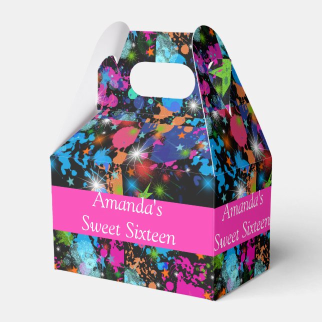 Faux Neon, Paint Splatter, Sweet Sixteen, Custom Favor Box (Front Side)