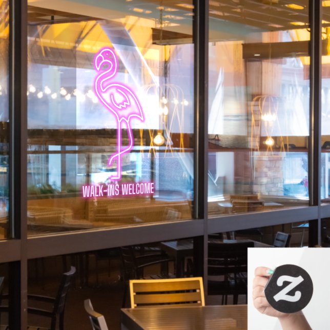 Faux Neon Pink Flamingo Walk-Ins Welcome Window Cling (Restaurant Window)