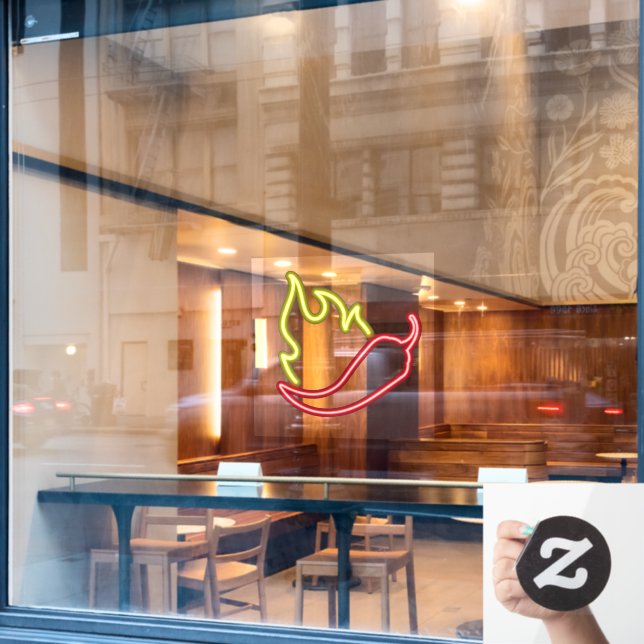 Faux Neon Red Chili Pepper Yellow Flame Window Cling (Cafe Window)