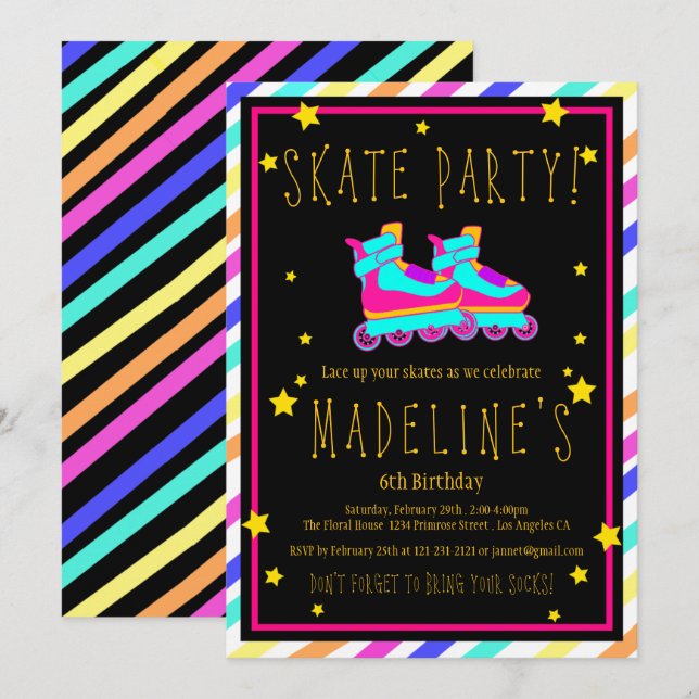 Faux Neon Roller Skate Chalkboard Rainbow Birthday Invitation (Front/Back)