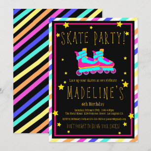 Faux Neon Roller Skate Chalkboard Rainbow Birthday Invitation