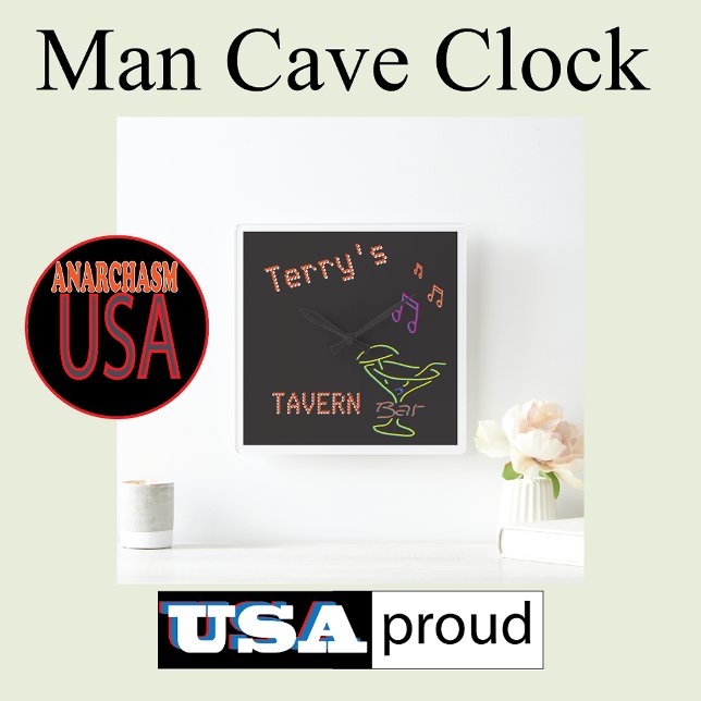 Faux Neon Sign 💛 Personalized Mancave Tavern Club Square Wall Clock (Creator Uploaded)