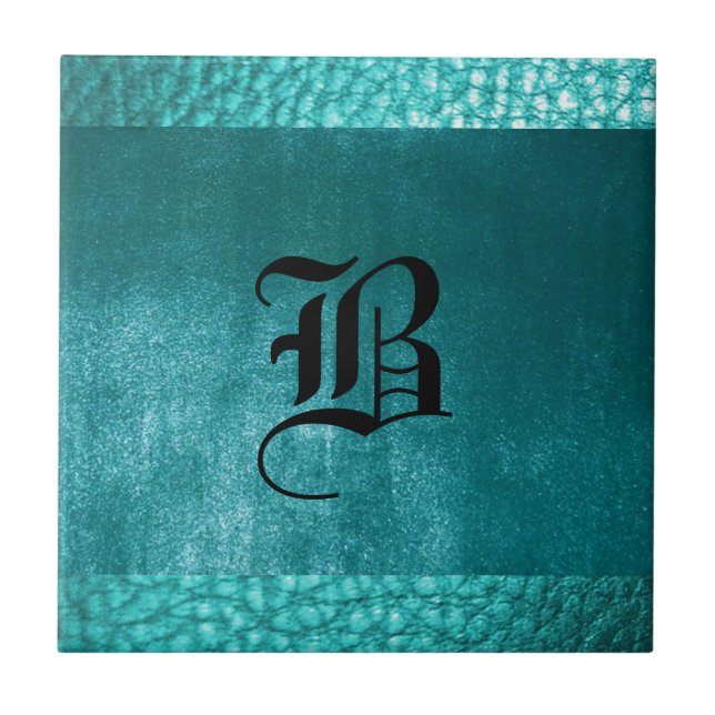 Faux Ocean Clear Blue Leather Tile- Design B black Tile (Front)