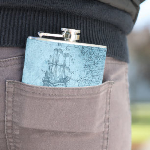 Faux Old World Map, 6oz Vinyl Wrapped Hip Flask