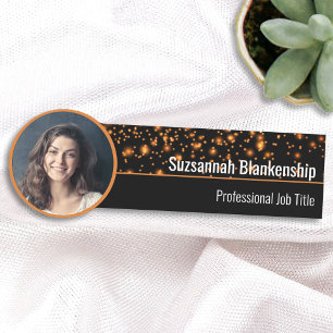Faux Orange Sparkles Custom Photo Professional Name Tag