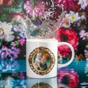 Faux Ornamental Oval Gold Framed Photos Coffee Mug