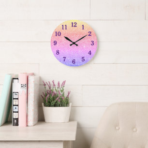 Faux Pastel Rainbow Gradient Glitter Large Clock