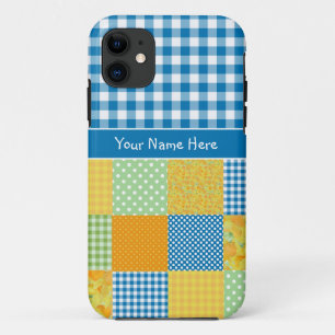 Faux Patchwork and Blue, White Check Gingham iPhone 11 Case