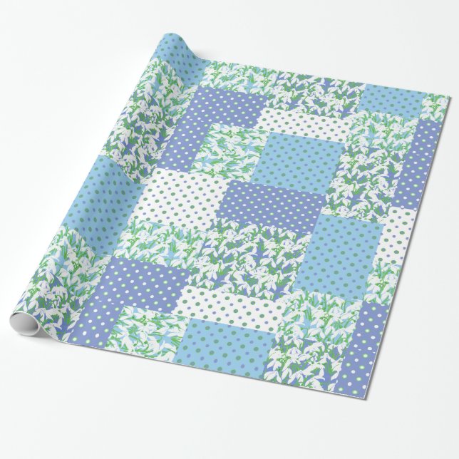 Faux Patchwork Blue Green White Snowdrop Pattern Wrapping Paper (Unrolled)