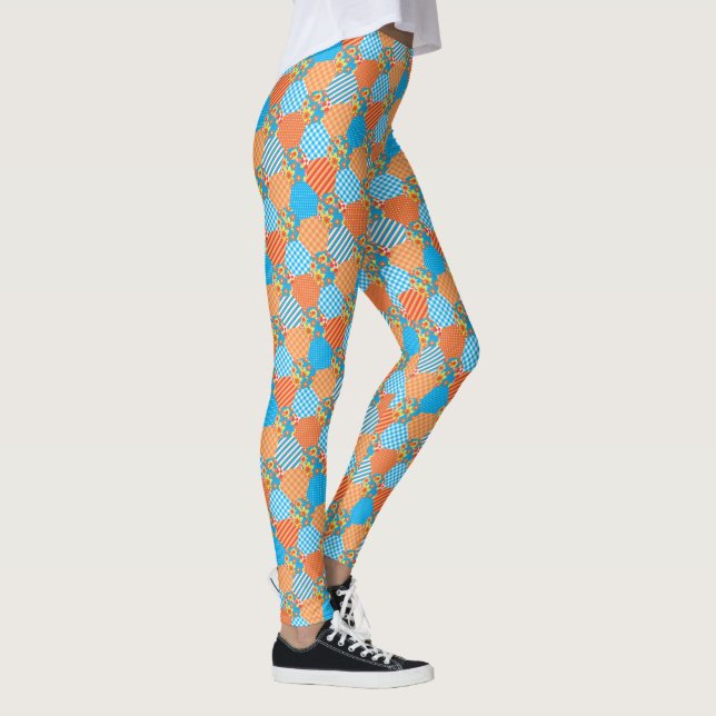 Faux Patchwork Checks, Floral, Stripes, Polka Dots Leggings (Right)
