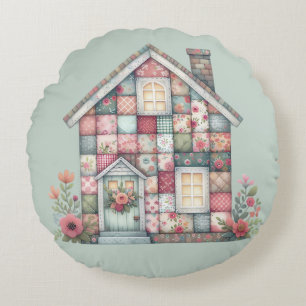 Faux Patchwork Cottagecore Floral House Round Pillow