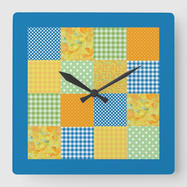 Faux-Patchwork, Daffodils, Polkas, Checks on Blue Square Wall Clock (Front)