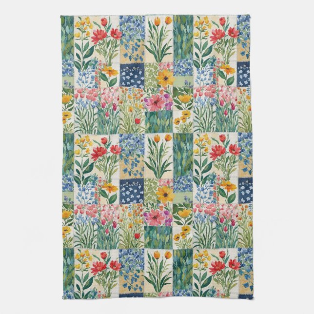 Faux Patchwork Garden Flowers Retro Elegant Pretty Kitchen Towel (Vertical)