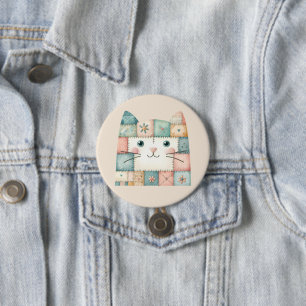 Faux Patchwork Pastel Cottage Kitty Face 3 Inch Round Button