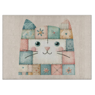Faux Patchwork Pastel Cottage Kitty Face Cutting Board