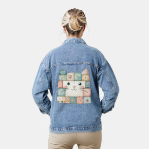 Faux Patchwork Pastel Cottage Kitty Face Denim Jacket