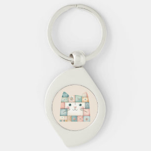 Faux Patchwork Pastel Cottage Kitty Face Keychain