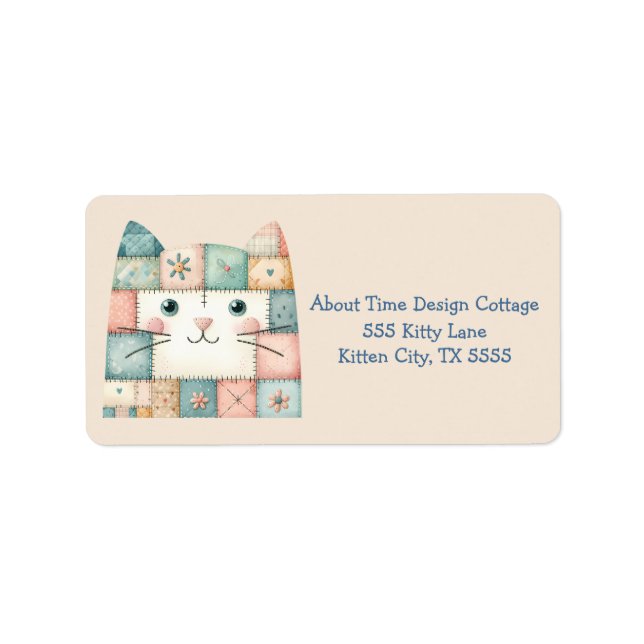Faux Patchwork Pastel Cottage Kitty Face Label (Front)