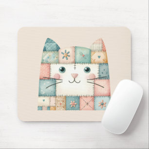 Faux Patchwork Pastel Cottage Kitty Face Mouse Pad