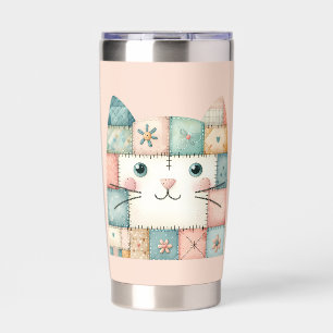 Faux Patchwork Pastel Cottage Kitty Face Pink Insulated Tumbler