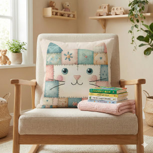 Faux Patchwork Pastel Cottage Kitty Face Throw Pillow