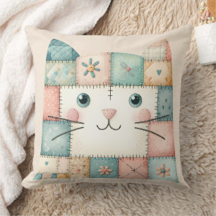 Faux Patchwork Pastel Cottage Kitty Face Throw Pillow