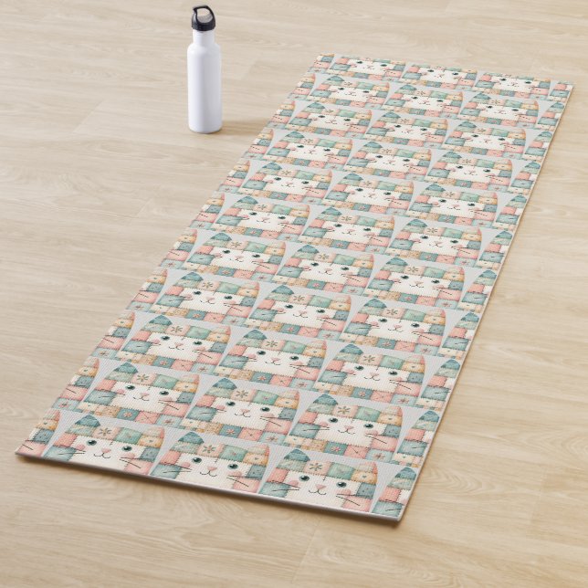 Faux Patchwork Pastel Kitty Cottage Yoga Mat (In Situ)