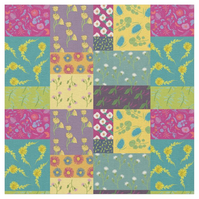 Faux Patchwork Quilt Print Boho Maximalist Style Fabric (Close Up)