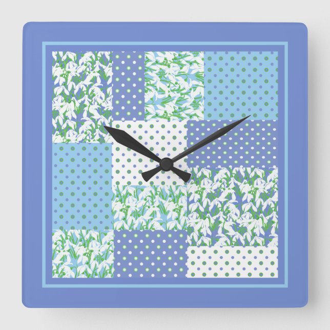 Faux Patchwork Snowdrops Blue Green and Polkas Square Wall Clock (Front)