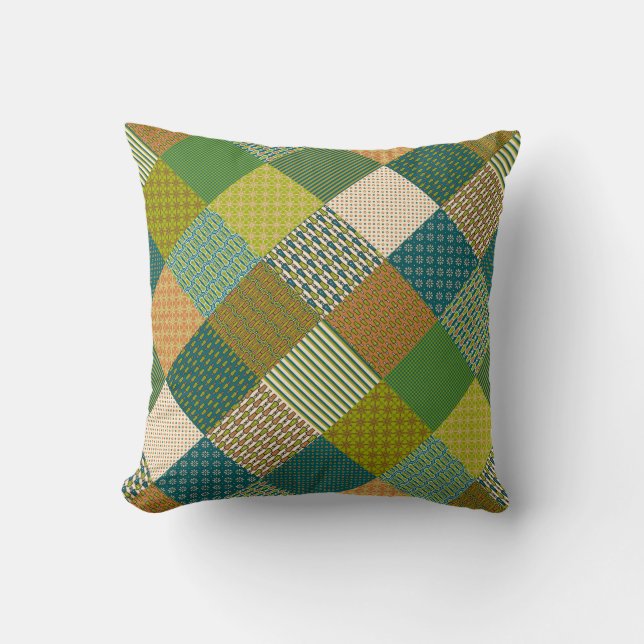 Faux Patchwork, Tribal Patterns, Earth Colours Throw Pillow (Front)