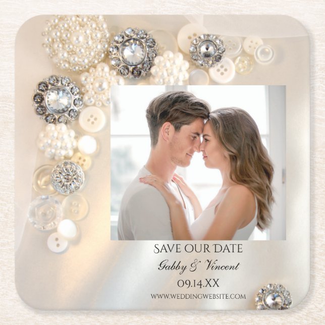 Faux Pearl Diamond Button Wedding Save the Date Square Paper Coaster (Front)
