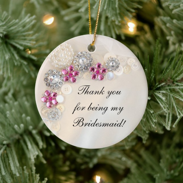 Faux Pearls Pink Diamonds Bridesmaid Thank You Ceramic Ornament (Tree)
