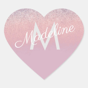 Faux Pink and Purple Sparkly Glitter Monogrammed  Heart Sticker