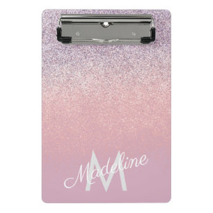 Faux Pink and Purple Sparkly Glitter Monogrammed Mini Clipboard