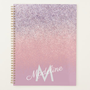 Faux Pink and Purple Sparkly Glitter Monogrammed  Planner