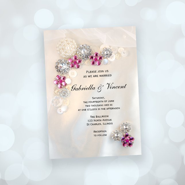 Faux Pink Diamond and White Pearl Buttons Wedding Invitation (Invite guests to your elegant marriage with the pretty Pink Diamond Buttons Wedding Invitation.)
