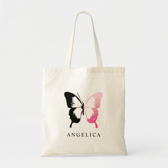 Faux Pink Foil & Black Butterfly Tote Bag (Front)